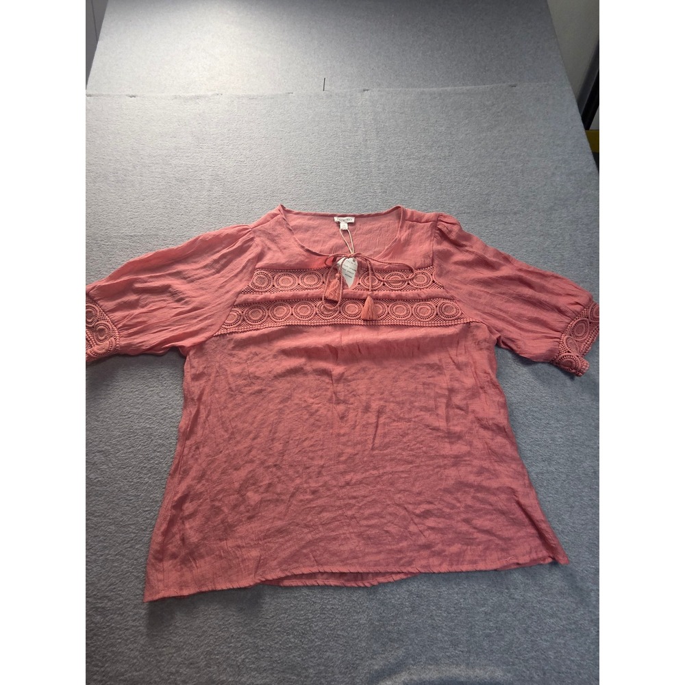 Palm Rio Womens Apricot Crochet Lace Tassel Tie Blouse Top LB1428W Size 1X NWT